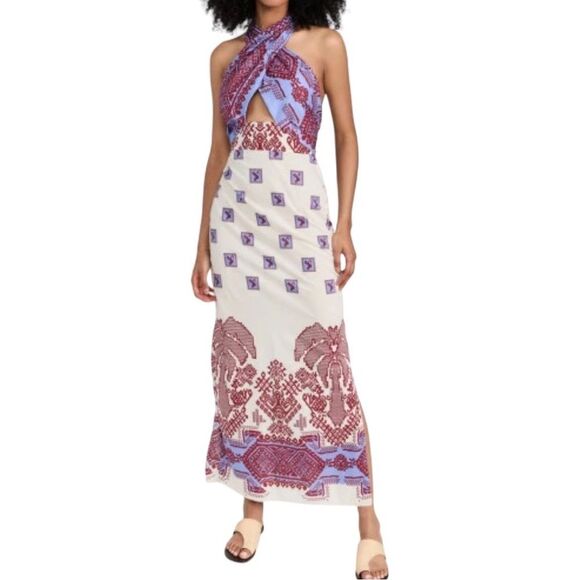 NWT Johanna Ortiz Quipu Knots Multi-Tie Maxi Dress Andean Ecru Wine Blue Cotton - Picture 1 of 7